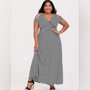 Black & White Stripe Jersey Cold Shoulder Maxi Dress